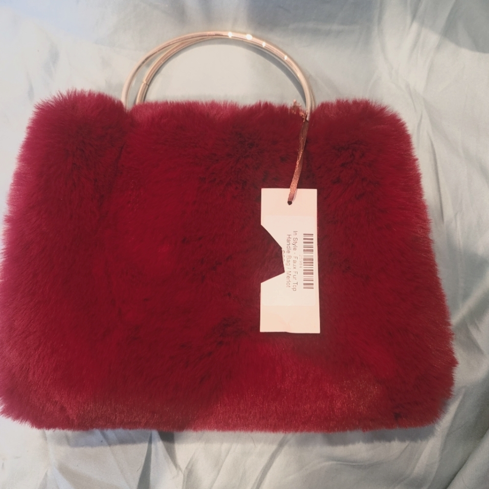 Coco Rose Beach & Resort.  Faux Fur Top Handle Bag/Merlot